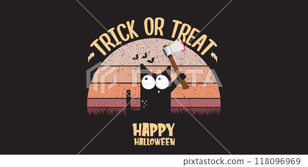 Happy halloween greeting card and horizontal banner with Black cat holding knife isolated on vintage sun background. Funny Halloween black cat holding a bloody knife. Halloween concept illustration 118096969