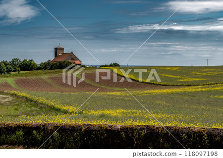 Rural Landscape With Old Church At Village St. Abbs In Berwickshire In Scotland, UK Rural Landscape With Old Church At Village St. Abbs In Berwickshire In Scotland, UK 118097198