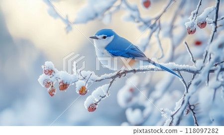 A blue and white bird perched on the snow-covered branch of a hawthorn tree. A blue and white bird perched on the snow-covered branch of a hawthorn tree. 118097282