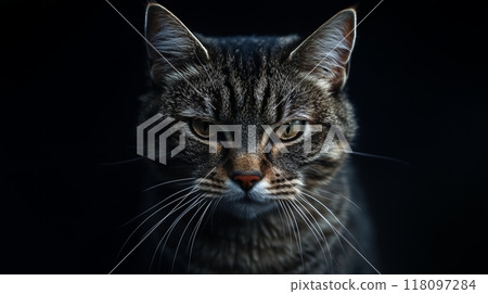 A realistic cat with beautiful eyes facing the camera in a black background. A realistic cat with beautiful eyes facing the camera in a black background. 118097284