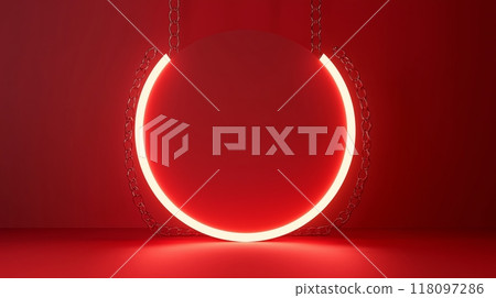 A minimalist red background with a round shape in the center, featuring a prominent chain. 118097286