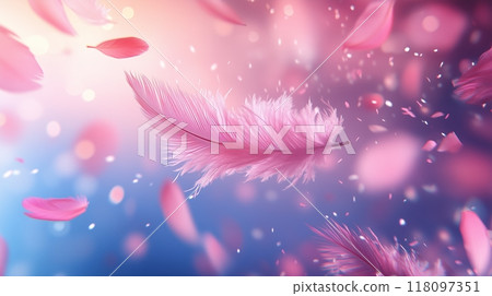 Pink feathers floating in the air, surrounded by pink petals and sparkling glitter. 118097351