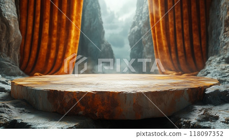 A light gray marble podium with curtain on background. 118097352