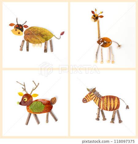 four different autumn nature craft for kids, various animals made of leaf, top view, activity for children, DIY, fall project, 118097375