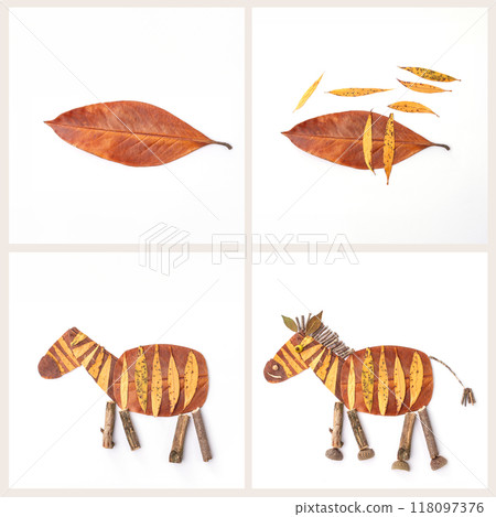 autumn nature craft for kids, zebra made of leaf, top view, activity for children, DIY 118097376