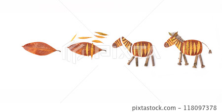 Sequence of four steps artistic using leaves, whole leaf, body shape, zebra. Creative use of natural materials for representational art on white background. Autumn craft project for kids, DIY 118097378