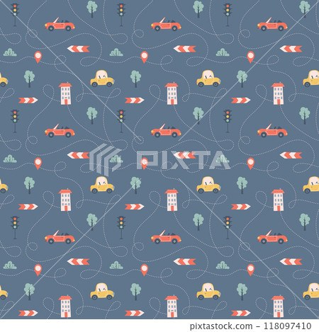 Kids seamless pattern with car, bus and road. Perfect for fabric , digital paper, cards. Kids seamless pattern with car, bus and road. Perfect for fabric , digital paper, cards. 118097410