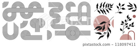 Zen arch set, simple line arch, botanical elements and geometric shapes. Geometric Japanese zen pattern minimal elements. Boho style strips. Zen arch set, simple line arch, botanical elements and geometric shapes. Geometric Japanese zen pattern minimal elements. Boho style strips. 118097411