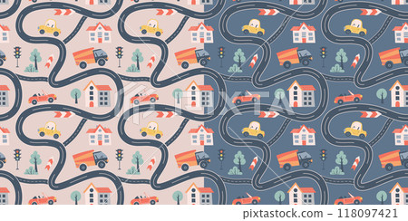 Kids seamless pattern with car, bus and road. Perfect for fabric , digital paper, cards. Kids seamless pattern with car, bus and road. Perfect for fabric , digital paper, cards. 118097421