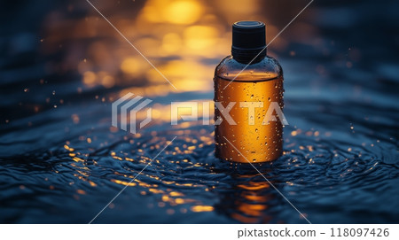 A shampoo, standing on the black stone on the water surface. A shampoo, standing on the black stone on the water surface. 118097426