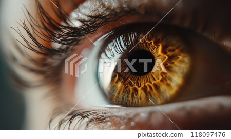Close-up of human eye, eyelashes, and skin around the eye. 118097476