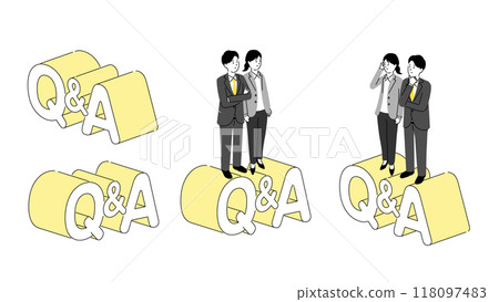 Q&A title lettering, illustration of thinking men and women, vector 118097483