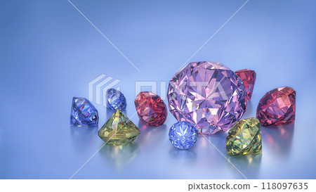 Colorful round cut gemstones, ruby collection, jewels placed on light blue background, 3d rendering 118097635