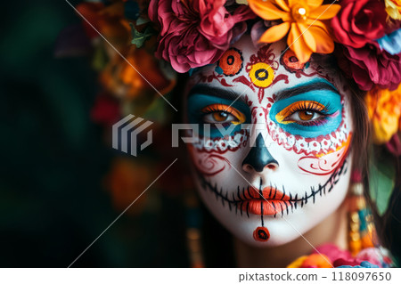 Woman with face paint and a vibrant floral headpiece 118097650