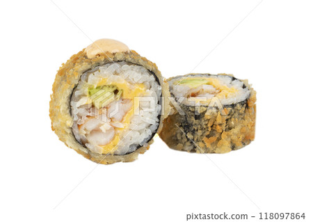 Sushi roll on a white background with Philadelphia cheese and salmon breaded with dried tuna. 118097864