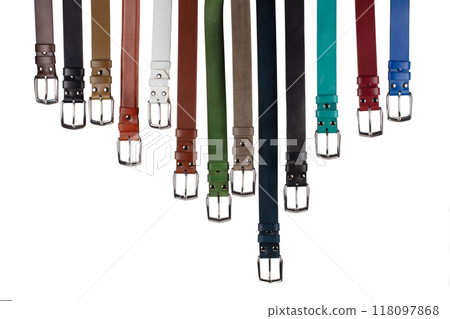 View of various multi-colored leather belts with buckles. Isolated on white background View of various multi-colored leather belts with buckles. Isolated on white background 118097868