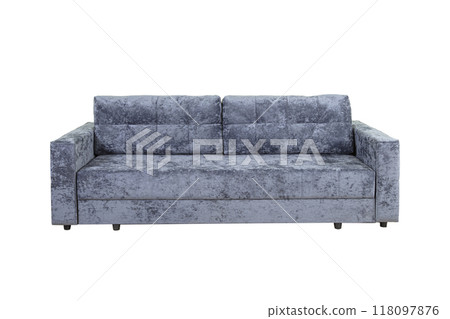 Gray sofa with velor fabric pillows isolated on a white background. Cushioned furniture. 118097876
