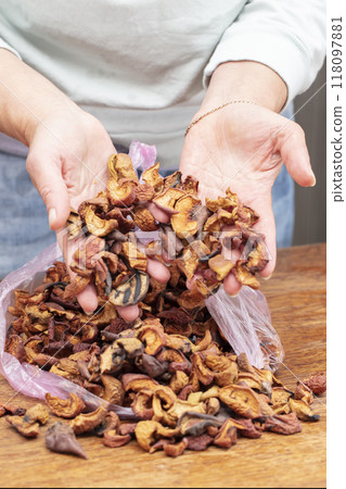 Hands hold various dried fruits for compote. Prepare a drink from dried apples and pears. Hands hold various dried fruits for compote. Prepare a drink from dried apples and pears. 118097881
