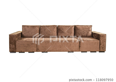 Brown sofa with velor fabric pillows isolated on a white background. Cushioned furniture. 118097950