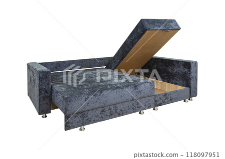 Gray unfolded sofa with velor fabric pillows isolated on a white background. Cushioned furniture. 118097951