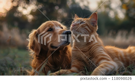 Heartwarming images of cheerful dogs and cats radiating friendliness Generative AI Heartwarming images of cheerful dogs and cats radiating friendliness Generative AI 118098026