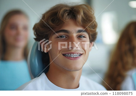 Portrait of young man with braces on his teeth at dental clinic 118098075