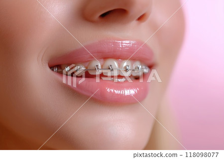 Close up of beautiful female teeth with dental braces. Dentistry concept Close up of beautiful female teeth with dental braces. Dentistry concept 118098077