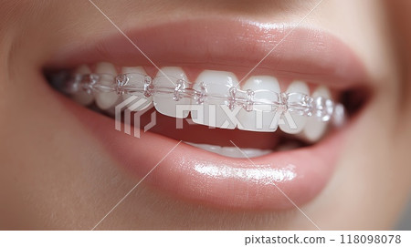 Close up of beautiful female teeth with dental braces. Dentistry concept Close up of beautiful female teeth with dental braces. Dentistry concept 118098078
