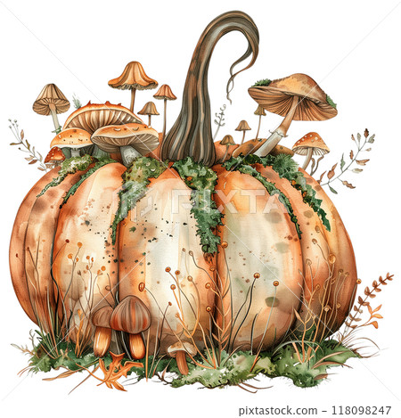 Whimsical pumpkin covered in delicate mushrooms and moss 118098247