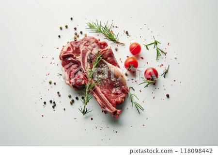 Fresh steak with greens and tomatoes on a white background 118098442