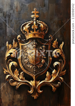 Ornate Gilded Heraldic Crests and Royal Coat of Arms in Dramatic Renaissance Painting 118098542