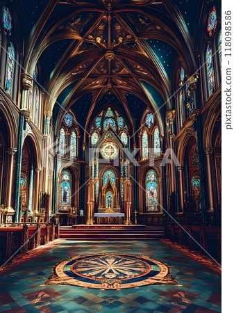 Ornate Cathedral Interior with Iconic Religious Symbols and Sacred Geometry 118098586