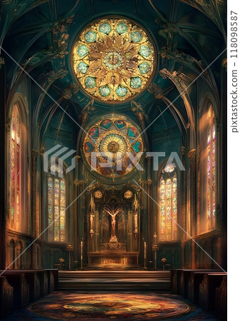 Ornate Gilded Mandala Designs in Lavish Renaissance Inspired Cathedral Interior 118098587