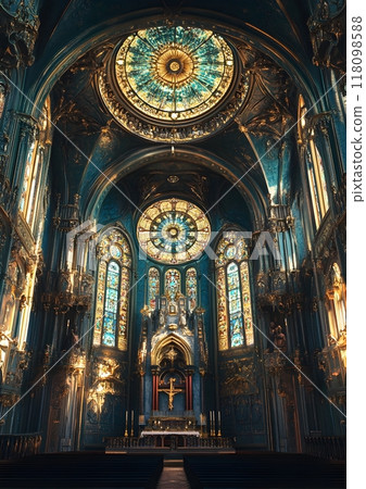 Ornate Gilded Mandala Designs in Illuminated Manuscript Style Cathedral Interior 118098588