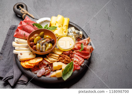 A selection of various cheeses and meats 118098700