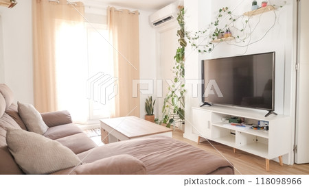 Sunlit living room with cozy sofa and large television Sunlit living room with cozy sofa and large television 118098966