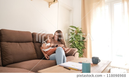 Smiling mom watching TV with cute daughter at home Smiling mom watching TV with cute daughter at home 118098988