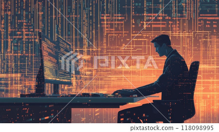 Silhouette of a programmer at a desk with a digital code background. Concept for programming and IT workflow. 118098995