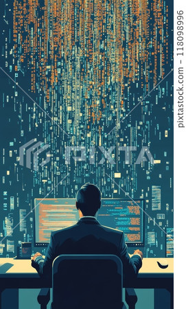 Man coding at a workstation surrounded by lines of digital data. Programming and software engineering concept. 118098996