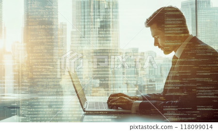 Businessman coding on a laptop with transparent code over a cityscape background. Symbolizes coding in business. 118099014
