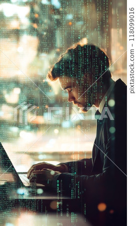 Close-up of businessman coding with golden data streams in a modern office. Represents business and technology integration. 118099016