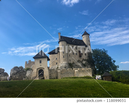 A scenic view of a medieval castle perched on a hill, with clear blue skies and soft clouds in the background. Perfect for themes of history, architecture, and tourism. 118099031