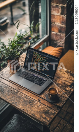 Laptop with code on the screen sitting on a rustic wooden table with a coffee cup beside it. Great for illustrating freelance programming or home office setups. 118099064