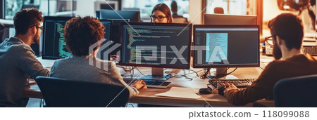 Group of developers working together on code in a modern office. Collaboration and teamwork in software development. 118099088