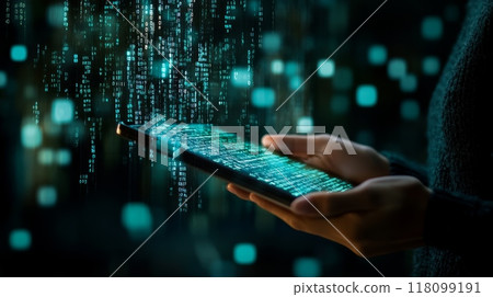 A person holding a tablet with digital code flowing from the screen. Represents software development and mobile technology. 118099191