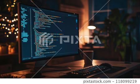 Desktop monitor displaying code in a cozy home office with glowing ambient lights. Focus on remote software development 118099219