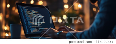 Person coding on a laptop in a dimly lit environment with bokeh lights. Night-time coding concept. 118099235