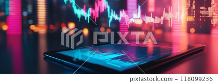 Tablet displaying data charts in vibrant cityscape, representing financial software and coding analytics. Colorful neon lights Tablet displaying data charts in vibrant cityscape, representing financial software and coding analytics. Colorful neon lights 118099236
