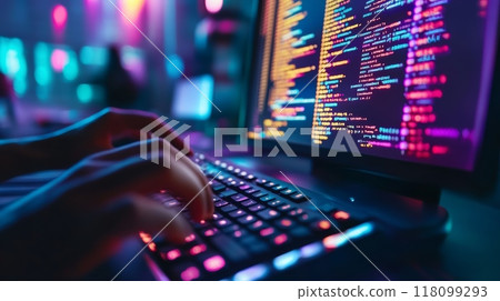 Hands typing on a backlit mechanical keyboard with colorful code on the screen. Software development and IT programming 118099293