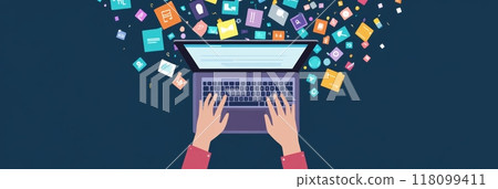 Hands on a laptop with digital icons floating above representing online tools. Concept of software development and coding. Hands on a laptop with digital icons floating above representing online tools. Concept of software development and coding. 118099411